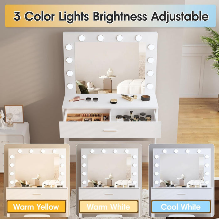 Vanity Desk with Mirror and Lights, Adjustable Brightness, White Vanity Table Set with Storage Drawer,Makeup Vanity Set with Cushioned Chair