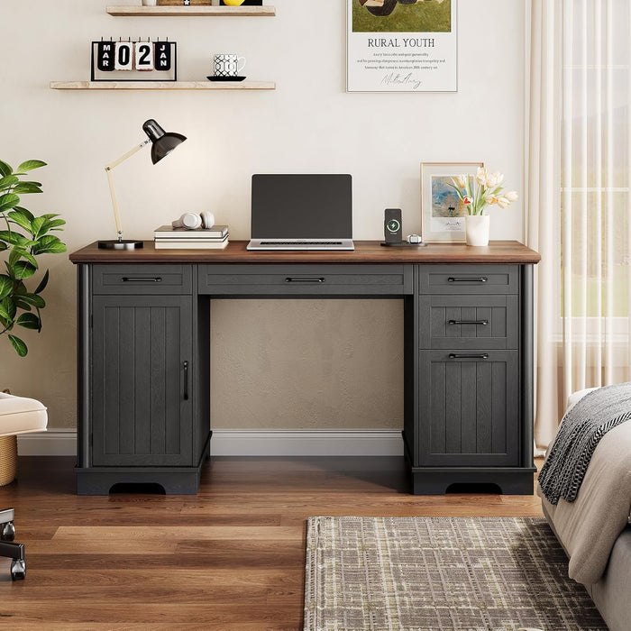 56" Large Executive Desk with Drawers,Modern Farmhouse Home Office Desk with Charging Station, Wood Computer Writing Desk with File Drawer for Study Work Bedroom Living Room Black