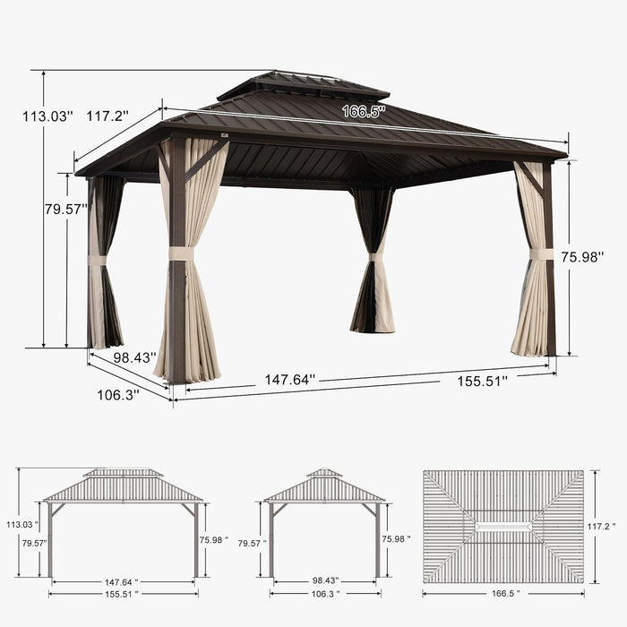 10’ X 14’ Outdoor Hardtop Gazebo Metal Frame Galvanized Steel Double Roof with Curtains and Nettings for Patio Desk Backyard Bronze