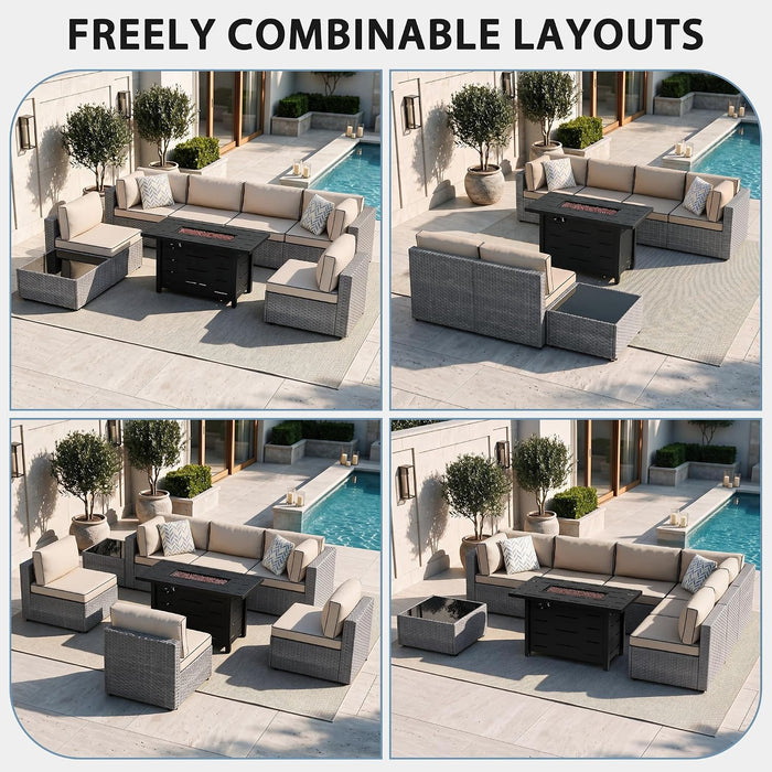 8 Piece Outdoor Patio Furniture Set with 43 Inch Propane Fire Pit, Washable Cushions, Glass Coffee Table, Waterproof Cover & CSA Certified for Backyard Poolside, Silver PE Rattan/Khaki
