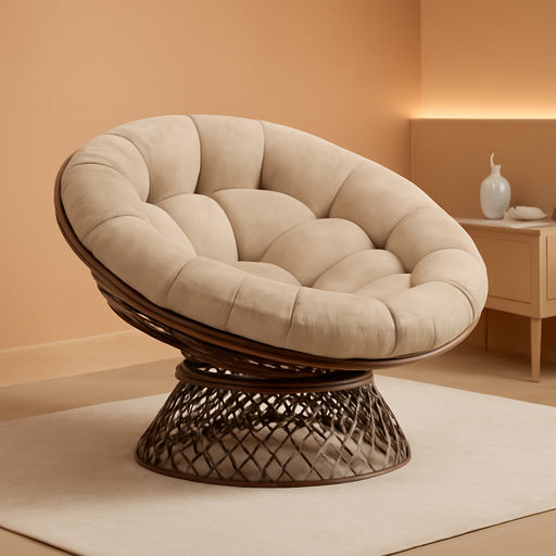 Metal Oversized Swivel Papasan Chair, Living Room Chair with Beige Cushion, Brown Frame, 360° Swivel, Skillfully Woven Resin Wicker, 46 Inch Wide, Bee-Designed Base, Modern Style, Indoor Use