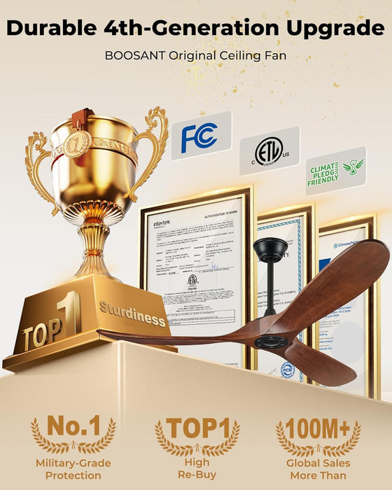 52" Ceiling Fans without Lights, Solid Wood Ceiling Fan with Remote Control and DC Motor, Ceiling Fan No Light with 3 Blades, Indoor Outdoor Ceiling Fans for Patios, Bedroom- Dark Walnut