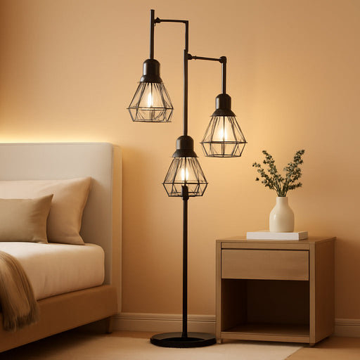 70IN Farmhouse Floor Lamps for Living Room, Dimmable Industrial Tall Standing Lamps 3 LED Edison Bulbs Included, Diamond-Shaped Cage, Rustic Tree Corner Light for Bedroom, Office, Black