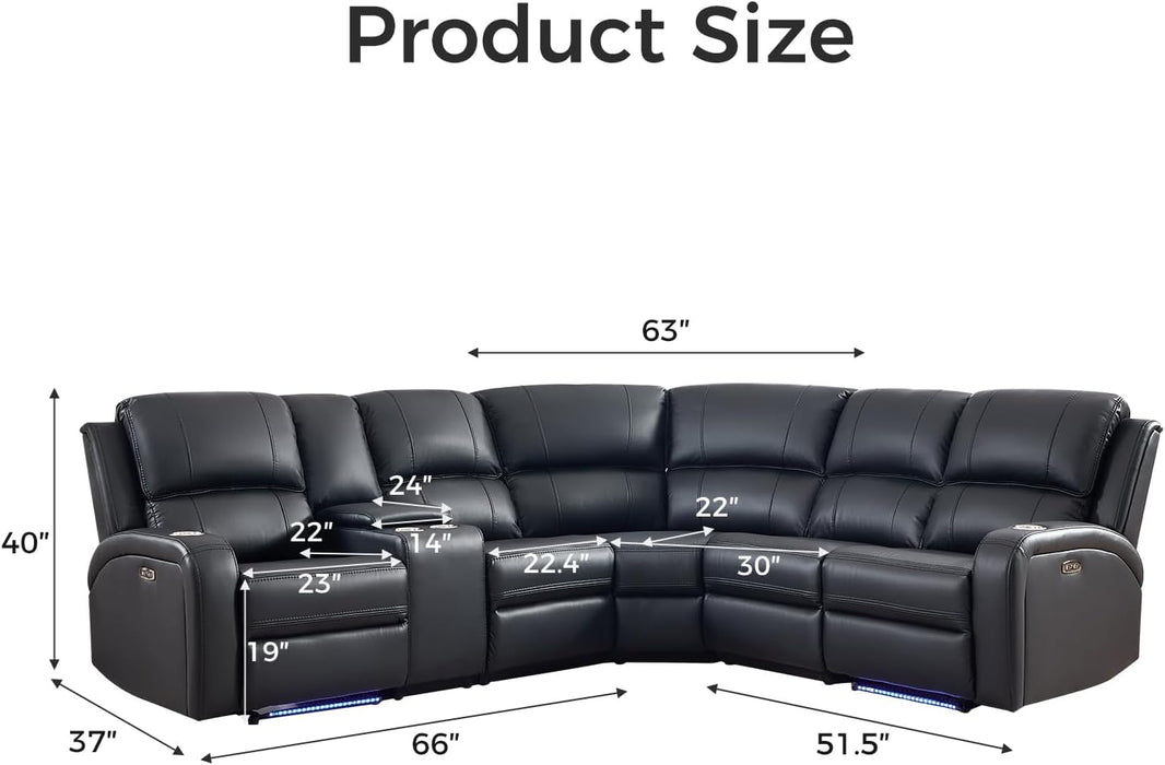 Power Reclining Sectional Sofa with LED Light, Faux Leather Sectional Couch for Living Room, Modern Corner Furniture Sets with 2 Recliner Seats, Cup Holders, Storage Console, Black