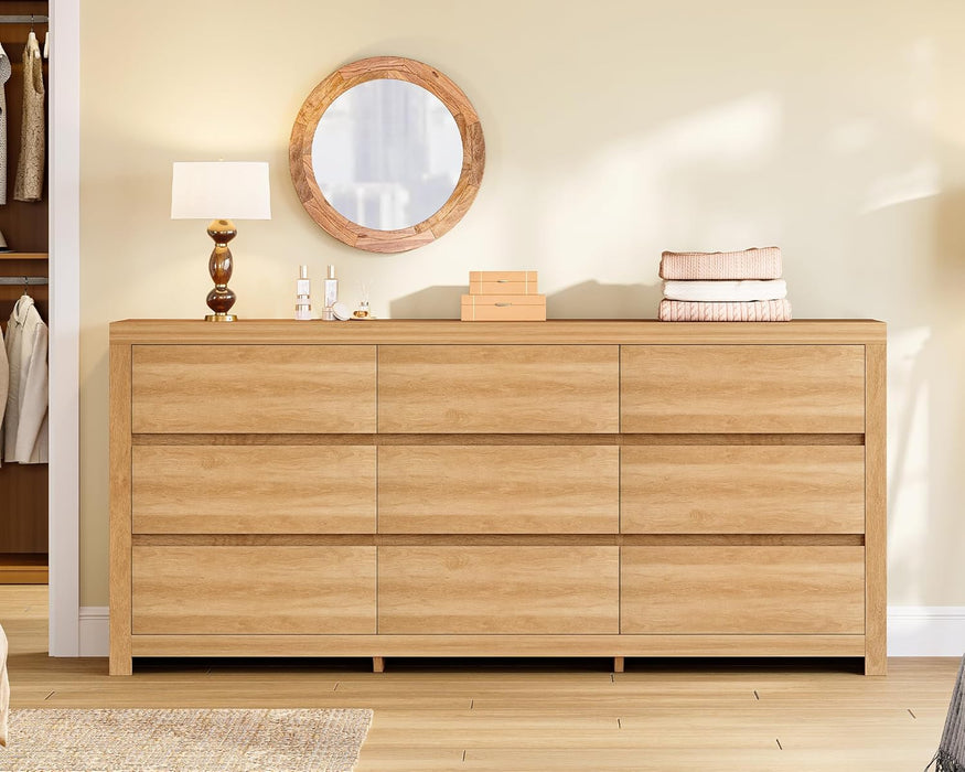 63" Dresser for Bedroom with 9 Drawers, Modern Dressers & Chests of Drawers with Metal Handles, Wooden Dresser TV Stand, Bedroom Dressers, for Bedroom, Hallway, Natural