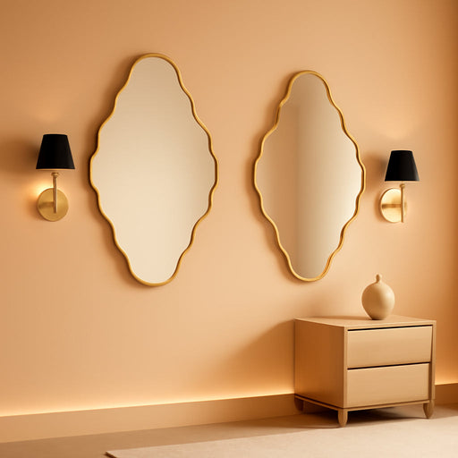 Vintage Gold Scalloped Mirror 36"X20" Irregular Wall Mirror,Abstract Asymmetrical Brushed Aluminum Alloy Frame,Decorative Antique Wall Mirrors for Bathroom,Bedroom,Living Room,Entryway X1