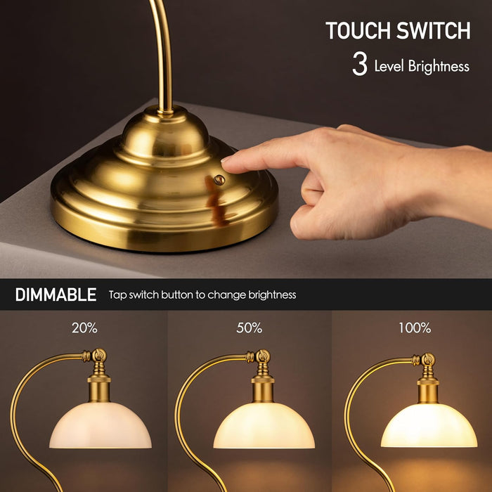 Bankers - Cordless LED Table Lamp, Battery-Operated, Rechargeable, 3-Level Dimming, Universal USB-C Charging, 180° Swivel Head, White Jade Glass Shade, Antique Brass