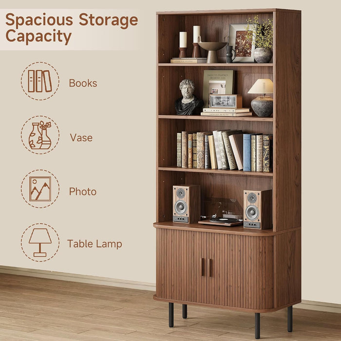 71" Tall Bookshelf with Cabinet, 5 Tier Fluted Bookcase Walnut | with Sliding Door, Adjustable Display Shelf, Free Standing Cube Storage Organizer, Wood Shelving Unit Living Room & Office