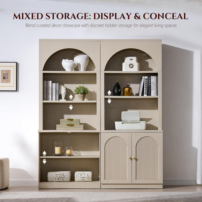 77.6" Tall Arched Bookshelf Set of 2, Wood Bookcase with Cabinet, Cream | Modern Bookcase W/Fluted Arched Door, 5-Tier Large Book Shelf W/Adjustable Shelves, Versatile Storage Cabinet for Living Room