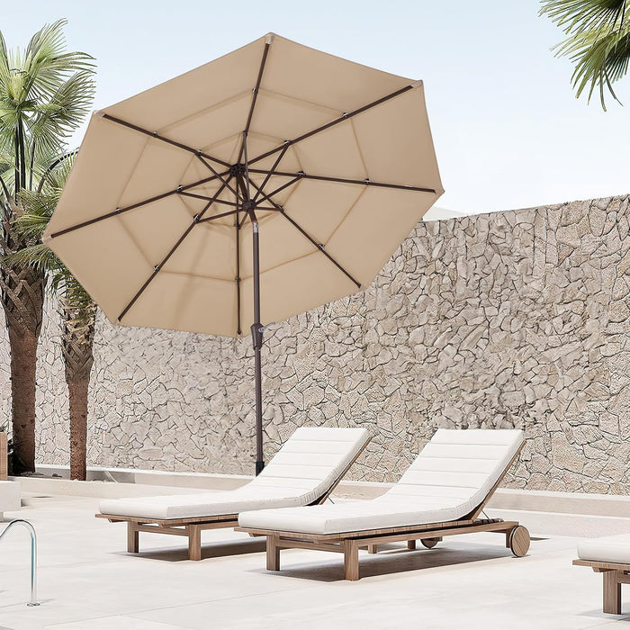 9FT 3 Tier Patio Umbrella Outdoor Market Umbrella Table Umbrellas with 8 Ribs 1.5 Pole Push Button Tilt and Crank UV Protection for Garden,Beige