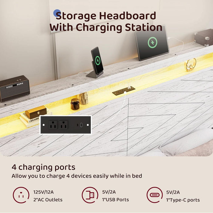 Queen Size Bed Frame with 2 Storage Drawers and Headboard Wooden Platform Bed Frame with LED Lights and Charging Station Easy Assembly/No Box Spring Needed/White