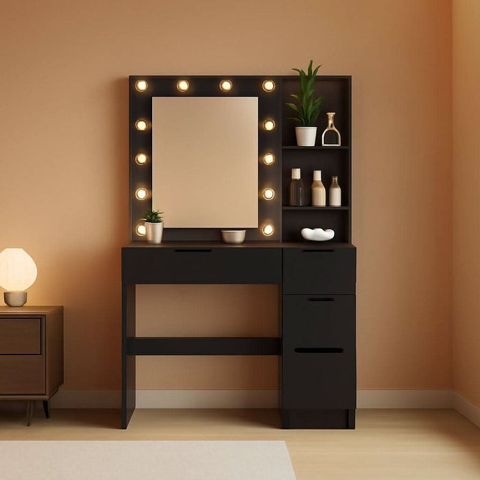 Vanity Desk with Mirror and Lights - Makeup Vanity Desk with 4 Drawers, Built-In Power Outlet & USB, Adjustable LED Lighting, Makeup Table for Bedroom