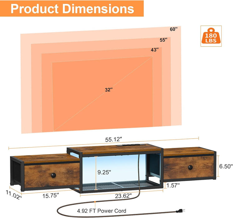 Floating TV Stand with Power Outlet 55", Wall Mounted Entertainment Center with LED Lights, Floating TV Shelf with Drawer, Wall Mounted Media Console Shelf for Living Room, Bedroom