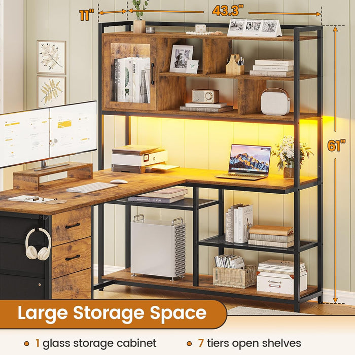 L Shaped Computer Desk, 58'' Office Desk with 3 Drawers and Bookshelf, L Shaped Corner Desk with Storage Shelves and LED Light for Home Office, Gaming Desk, L Desk, Rustic Brown
