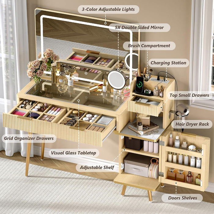 47" Vanity Desk with 5X Magnifying Mirror & 3-Color LED Light, Fluted Glass Top Makeup Table, USB Charging & Hair Dryer Holder, Dressing Table with Adjustable Shelves for Bedroom, Natural Oak
