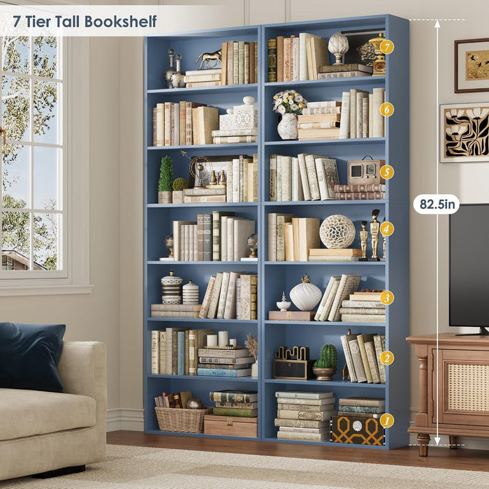 82" Tall Bookshelf Bookcase, 7-Tier Open Display Shelves, Blue
