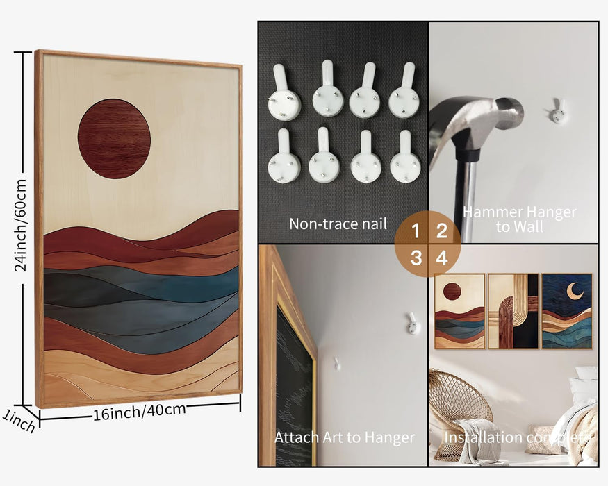 Boho Mid Century Modern Framed Canvas Wall Art, Bohemian Geometric Wall Decor, Abstract Sun and Moon Artwork,Beige and Black Wooden Art Paintings for Living Room Bedroom Office 16"X24"X3