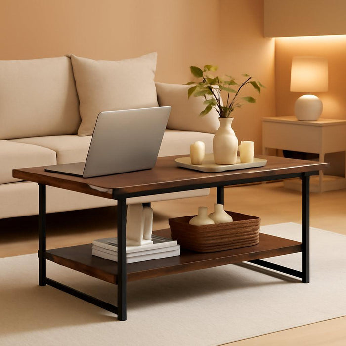 2-Tier Modern Industrial 41'' Large Wood Coffee Table with Storage Shelf - Rustic Metal Rectangle Center Living Room Coffee Table Accent Furniture for Home Office, Brown Walnut