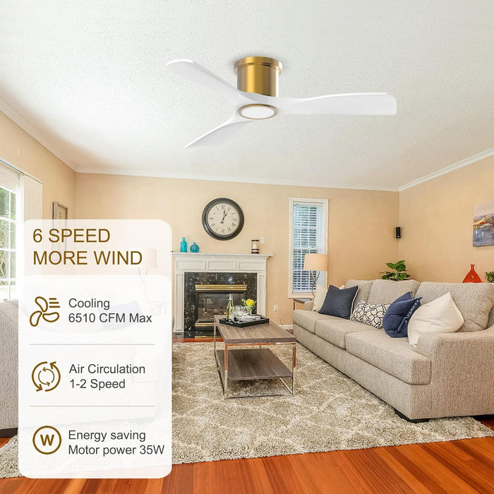 52 Inch Smart Ceiling Fan with Light and Remote, Indoor 3 Blade White Gold Low Profile Flush Mount Modern Ceiling Fan for Bedroom Living Room