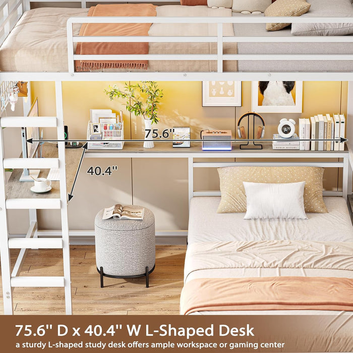 Bunk Bed Twin over Twin with Hall Tree, Charging Station and LED Lights, L-Shaped Bunk Bed with Desk, 5 Storage Drawers, Twin Bunk Beds with Guardrail & Stairs, No Box Spring Needed, White