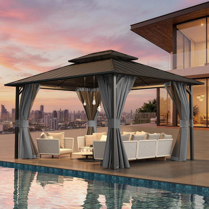 12'X14' Hardtop Gazebo, Permanent Patio Pavilion with Breathable Netting and Privacy Curtain for Dining Party, Grey