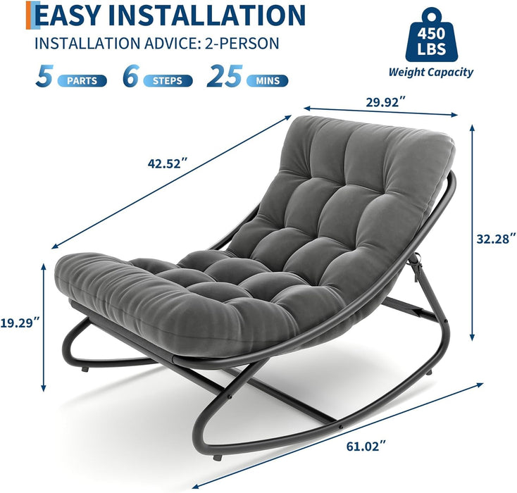 Outdoor Rocking Chair with Metal Frame, Adjustable Papasan Rocker, Waterproof Comfy Cushion, 450Lbs Capacity, for Patio, Porch, Garden, Living Room, Dark Grey