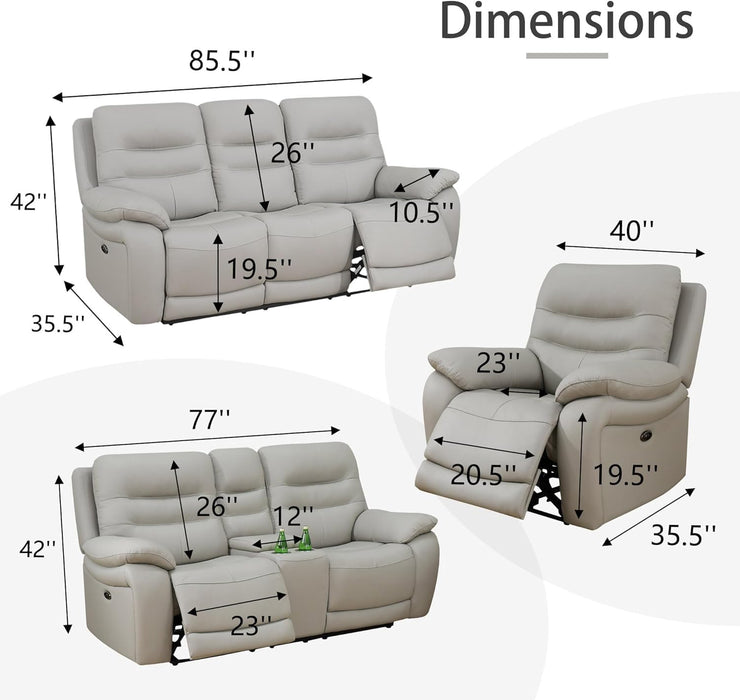Genuine Leather Recliner Couch Set, Power Reclining Sofa Set 3 Pieces Top Grain Leather Sofa with Built in USB Port for Living Room(Light Grey) (Sofa+Loveseat+Chair)