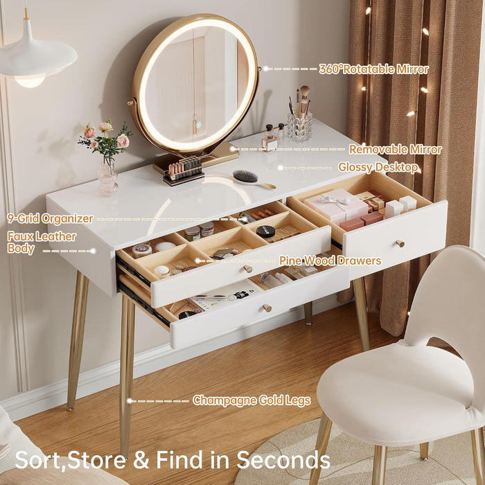 Vanity Desk with Mirror and Lights| 39" Beige Modern Makeup Vanity Set with Drawers & Adjustable Chair| White and Gold Dressing Table for Small Spaces & Bedroom