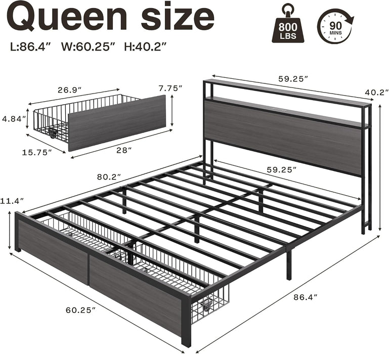 Queen Bed Frame with 2 Drawers, LED Lights, Charging Station, Rustic Grey