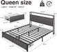 Queen Bed Frame with 2 Drawers, LED Lights, Charging Station, Rustic Grey