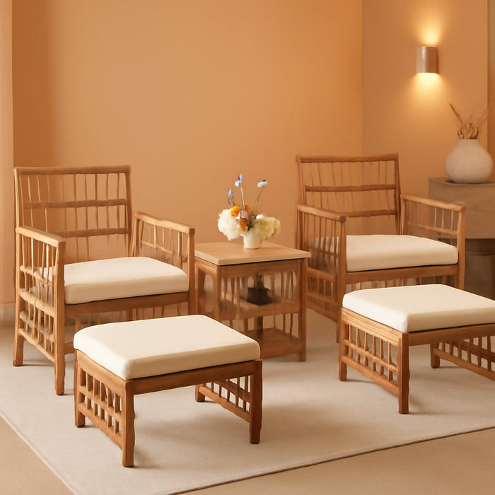 5 Piece Patio Wicker Sofa Set, Outdoor Rattan Conversation Set with Seat Cushions, 2-Tier Coffee Table & 2 Ottomans, Wicker Sofa Set for Backyard, Poolside (Natural)