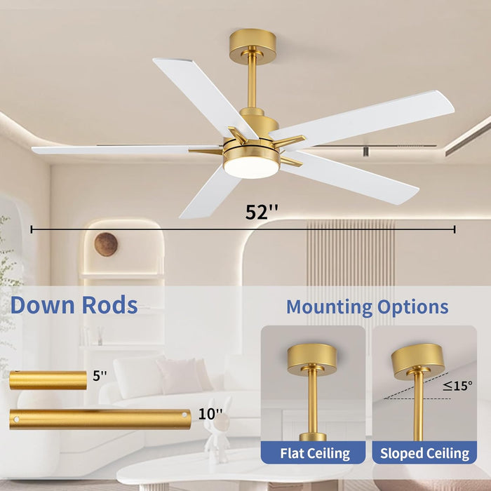 52'' Ceiling Fan with Lights and Remote, Low Profile Modern Ceiling Fan Gold, 6 Speed, Reversible, 3000K-6000K LED, Quiet DC Motor Ceiling Fans for Indoor Outdoor Bedroom Living Room