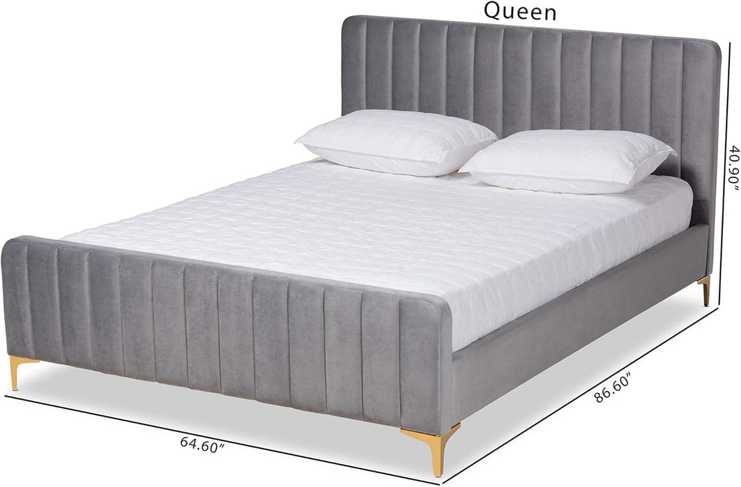 Nami Modern Contemporary Glam and Luxe Light Grey Velvet Fabric Upholstered and Gold Finished Queen Size Platform Bed