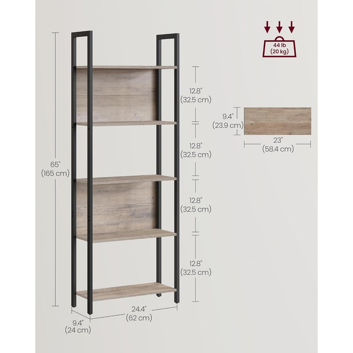 5-Tier Bookshelf, Book Shelf, Industrial Bookcase, with Steel Frame, for Living Room, Home Office, Bedroom, 9.4 X 24.4 X 65 Inches, Greige and Black ULLS025B02
