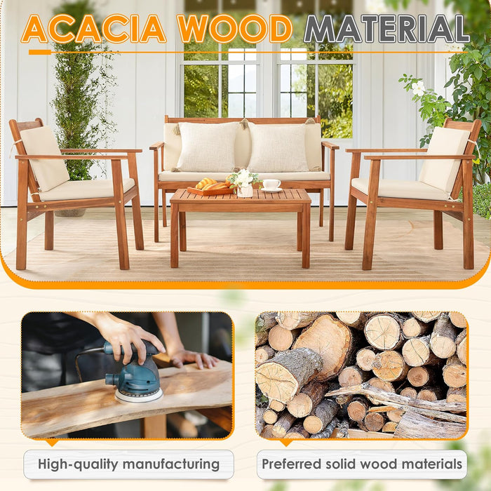 4 Piece Patio Bistro Set Patio Furniture Outdoor Chat Table Chair Set with Water Resistant Cushions and Coffee Table for Beach Backyard Garden,Acacia Wood