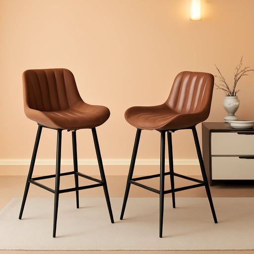 Brown Bar Stools Set of 2, 24 Inch Barstools Fabric Upholstery | Counter Height Bar Stool 24-Inch Seat Height, Thick Cushion, Black Metal Legs, Mid-Century Industrial Look for Kitchen Island