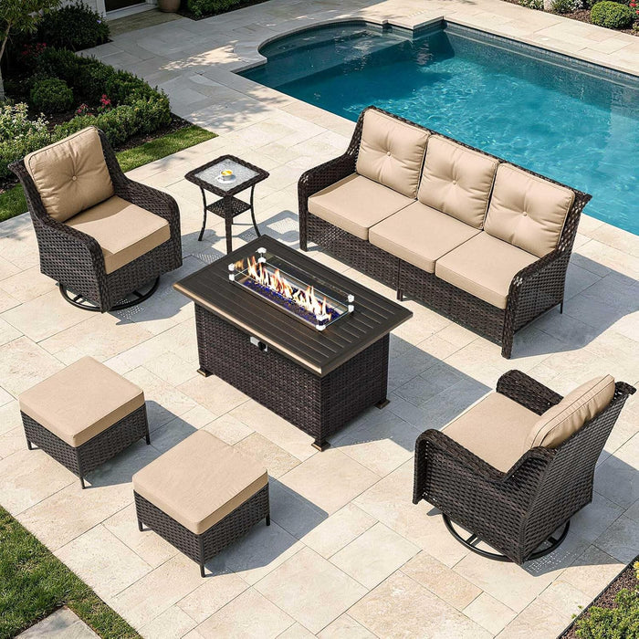 7-Piece Patio Furniture Set, Outdoor Thick Wicker Sectional Sofas with 2 Swivel Chairs, High Back Patio Sectional Couch with Fire Pit Table, Outdoor Conversation Set for Backyard, Deck, Brown