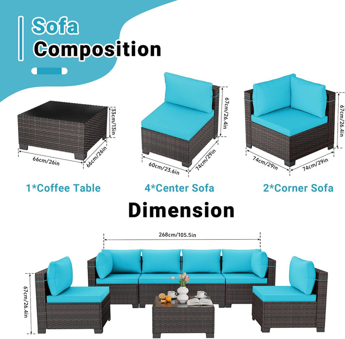 7-Piece Outdoor Patio Furniture Sets, Manual Weaving Rattan Conversation Sectional Sofa with Tempered Glass Coffee Table, All-Weather PE Wicker & Thick Cushions for Garden, Backyard, Porch