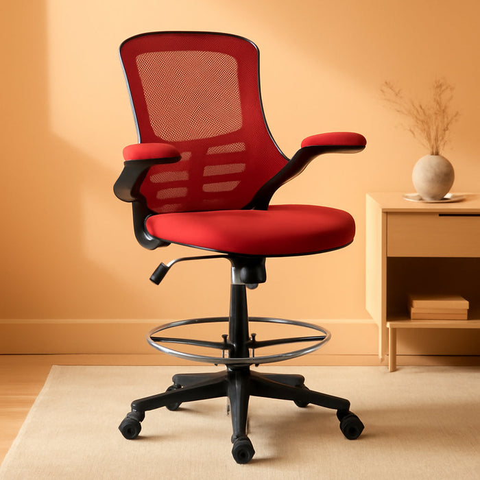 Kelista Mid-Back Swivel Office Chair with Adjustable Seat Height, Ergonomic Mesh Desk Chair with Flip-Up Armrests, Red