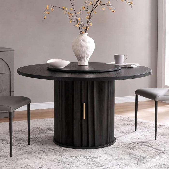 55" Fluted round Dining Table for 4-6, Mid-Century Modern Kitchen Table with Rotating Tray, 2-Tier Storage Shelf, Wood Sliding Doors and Pedestal Base, Black