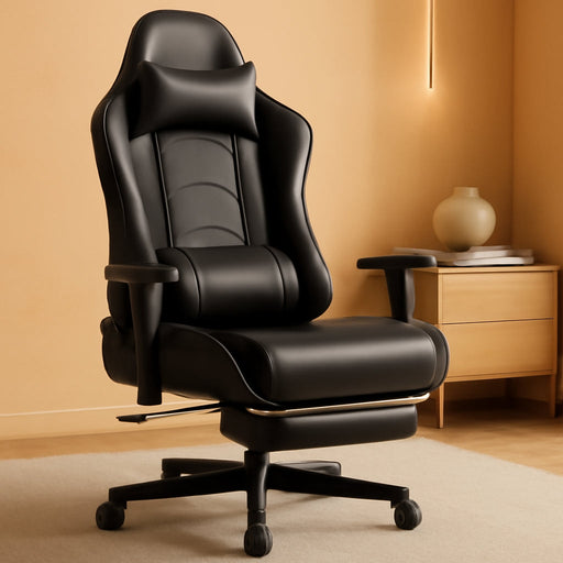 Gaming Chair with Footrest, Racing Style Computer Chair for Adult, Adjustable Reclining Backrest and Lumbar Support, Stylish High Back Chair for Gaming and Office (Black)