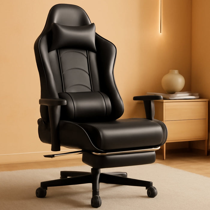 Gaming Chair with Footrest, Racing Style Computer Chair for Adult, Adjustable Reclining Backrest and Lumbar Support, Stylish High Back Chair for Gaming and Office (Black)