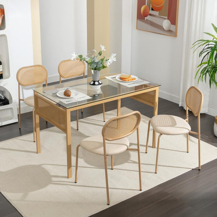 Boho Dining Chairs Set of 4 with Rattan Back, Upholstered Cane Seats, Metal Legs - Perfect for Dinner, Living Room, or Reception Area