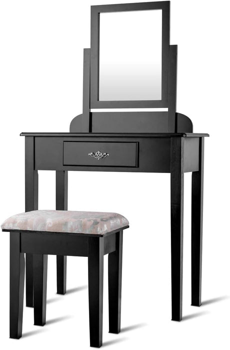 Vanity Dressing Table Stool Set, for Bedroom Vanities Furniture with Large 360° Rotating Makeup Mirror Solid Wood Legs Padded Linen Fabric Bench, Vanity Tables with Drawers, Black（1 Drawer）