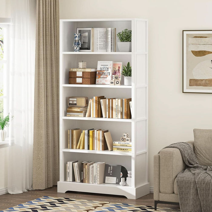 5-Tier Wooden Book Shelf, 65"H × 31.5"W × 9.9“D Bookshelf with Storage, Floor-Standing Display Bookcase, Farmhouse Style Bookshelf with Arched Base, Suitable for Living Room, Study, Office, White
