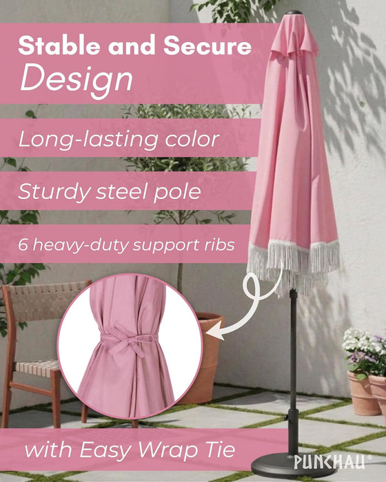 6 Ft Fringe Patio Umbrella - Outdoor Umbrella for Patio, Pool, Table, Garden, & Deck, Push Button Tilt Pole - Fashionable Vintage Tassels - White
