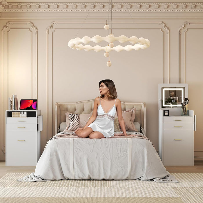 Small Vanity Desk Set with Flip-Top Mirror and Lights White Integrated 3 in 1 Makeup Vanities Set for Compact Space Mini Dressing Table with Fold-Up Panel and Storage Chair for Bedroom