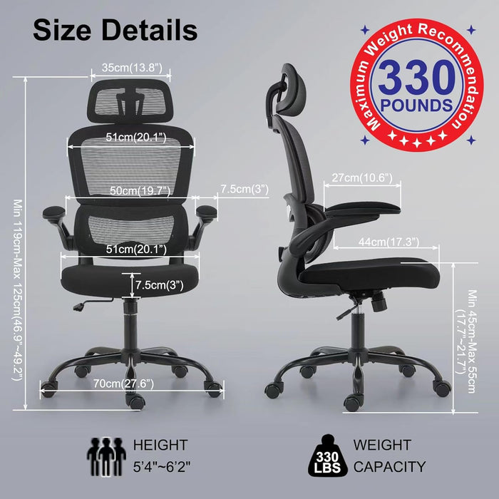 Office Chair Ergonomic Desk Chair, 330 LBS Home Mesh Office Desk Chairs with Wheels, Comfortable Gaming Chair, High Back Office Chair for Long Hours (Black)