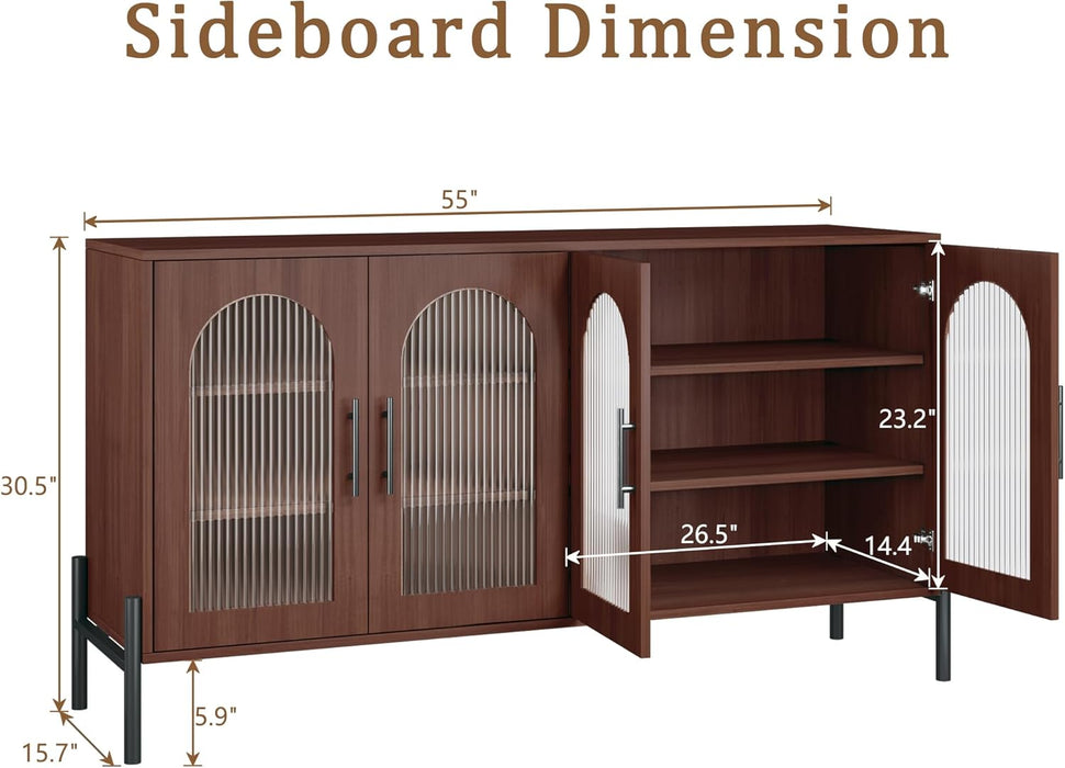 Sideboard Buffet Cabinet with Storage, 55" Modern Sideboard Cabinet with 4 Fluted Arcylic Doors & Adjustable Shelves, Wood Buffet Console Table for Living Room, Kitchen, Dark Walnut