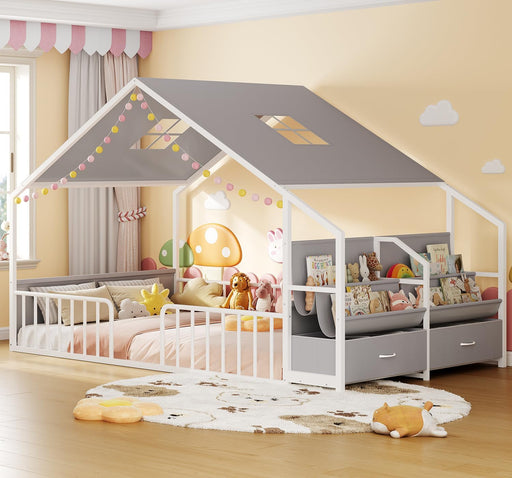 Montessori Floor Bed With White Guardrails Storage